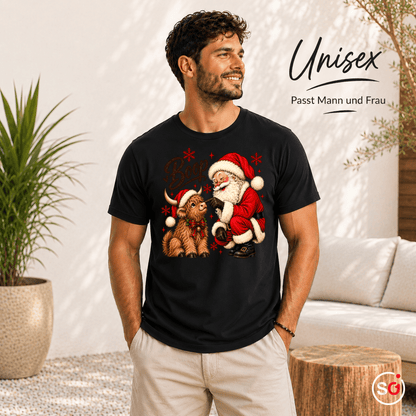 T-Shirt mit Weihnachtsmann und süßem Hochlandrind | Lustiges Santa Boop Motiv für die Festtage - StyleOne