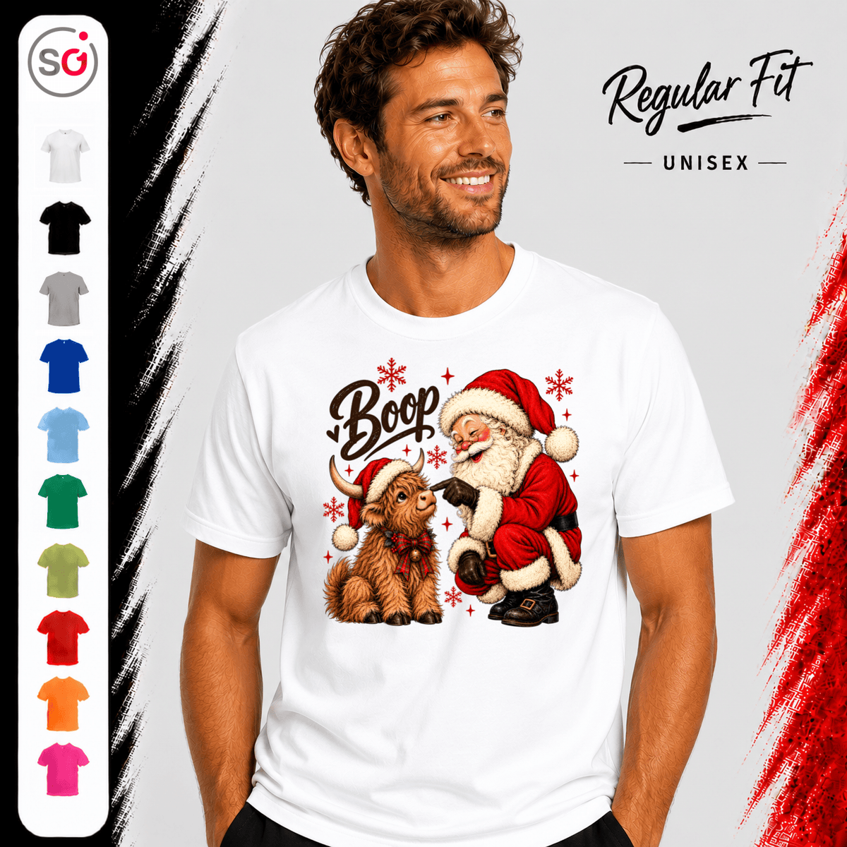 T-Shirt mit Weihnachtsmann und süßem Hochlandrind | Lustiges Santa Boop Motiv für die Festtage - StyleOne
