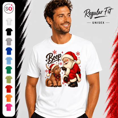 T-Shirt mit Weihnachtsmann und süßem Hochlandrind | Lustiges Santa Boop Motiv für die Festtage - StyleOne