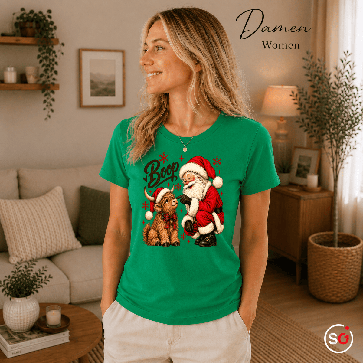 T-Shirt mit Weihnachtsmann und süßem Hochlandrind | Lustiges Santa Boop Motiv für die Festtage - StyleOne