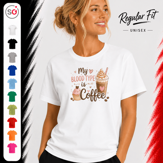 T-Shirt 'My Blood Type is Coffee' mit süßem Eiskaffee & Cupcake Design - StyleOne