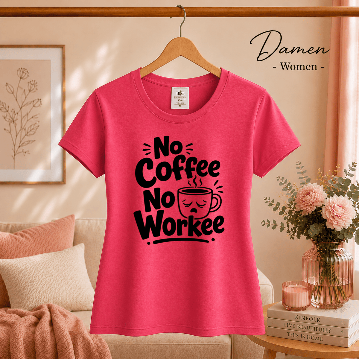 T-Shirt 'No Coffee No Workee' mit lustigem Spruch und müder Kaffeetasse - StyleOne