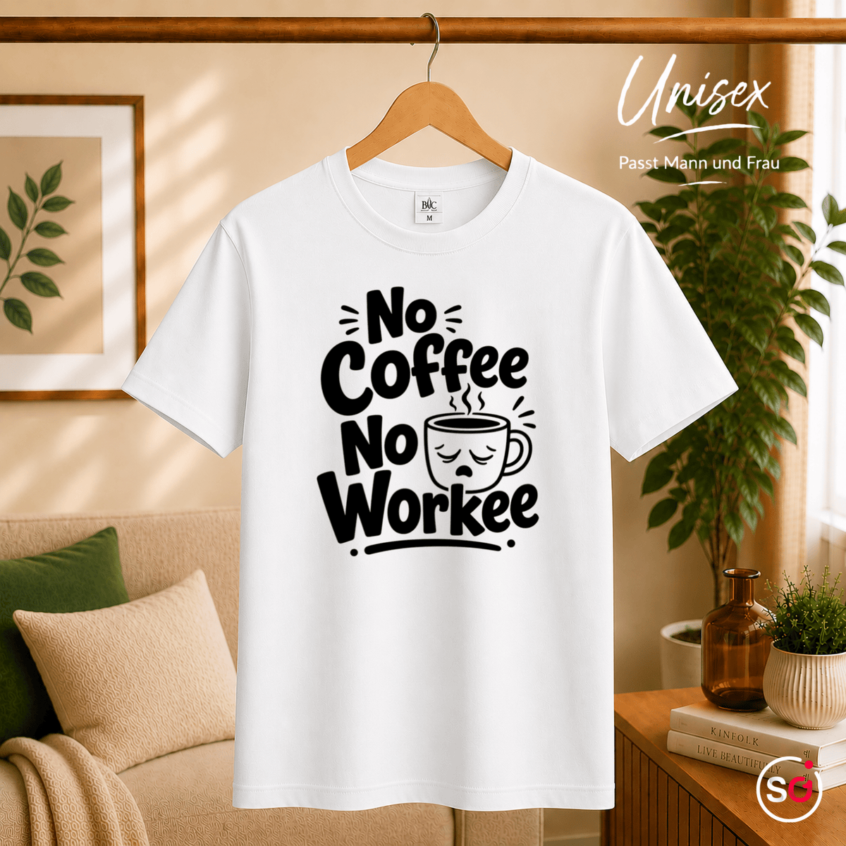 T-Shirt 'No Coffee No Workee' mit lustigem Spruch und müder Kaffeetasse - StyleOne