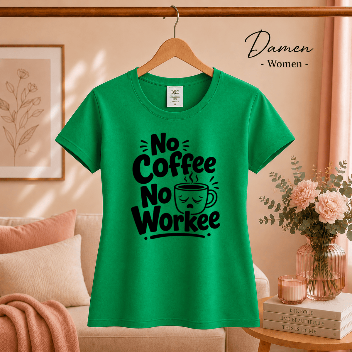 T-Shirt 'No Coffee No Workee' mit lustigem Spruch und müder Kaffeetasse - StyleOne