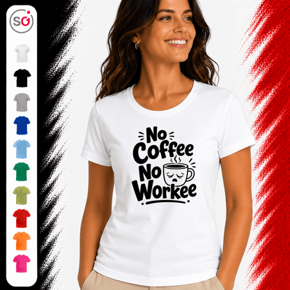 T-Shirt 'No Coffee No Workee' mit lustigem Spruch und müder Kaffeetasse - StyleOne