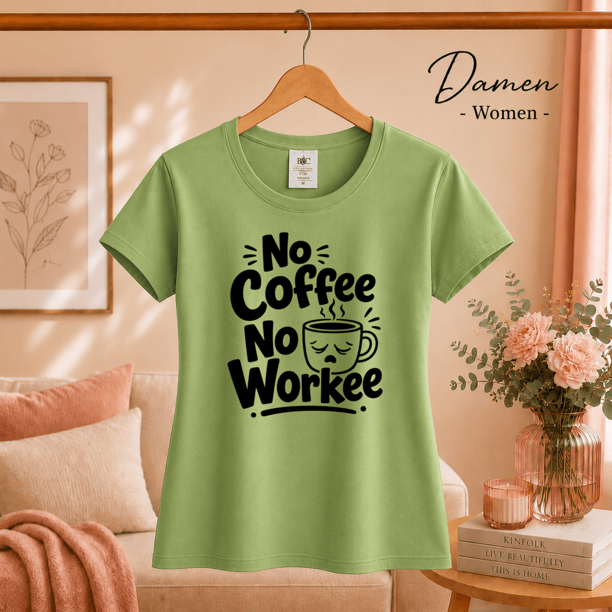T-Shirt 'No Coffee No Workee' mit lustigem Spruch und müder Kaffeetasse - StyleOne