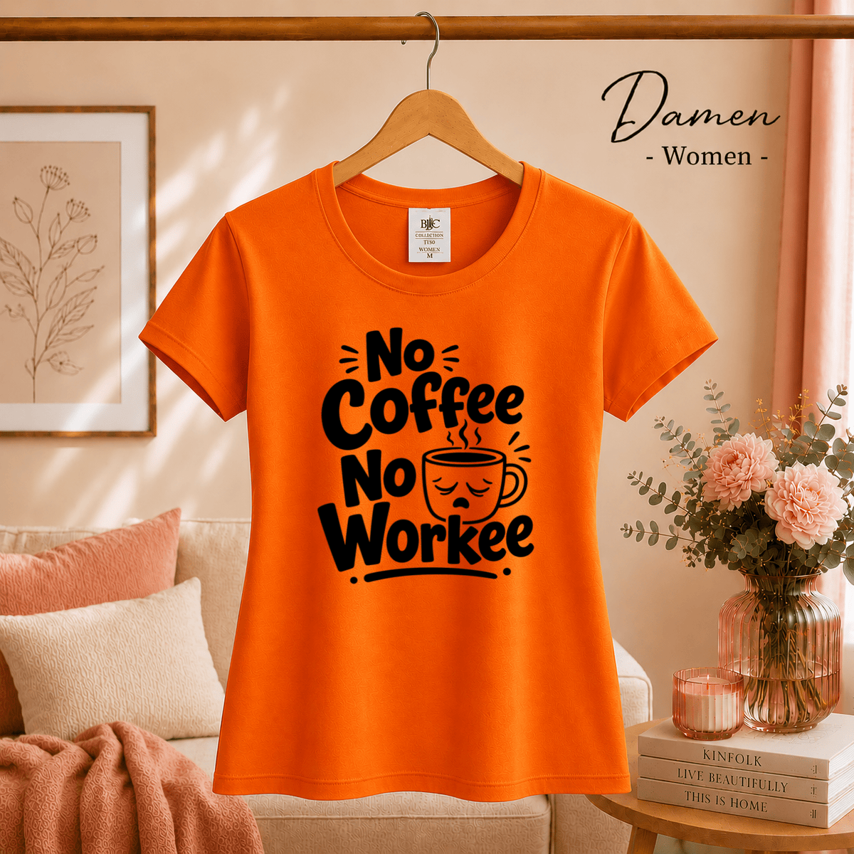 T-Shirt 'No Coffee No Workee' mit lustigem Spruch und müder Kaffeetasse - StyleOne