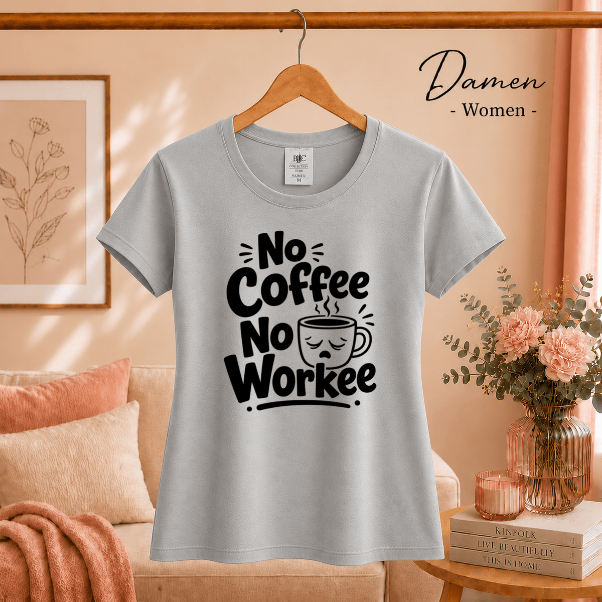 T-Shirt 'No Coffee No Workee' mit lustigem Spruch und müder Kaffeetasse - StyleOne