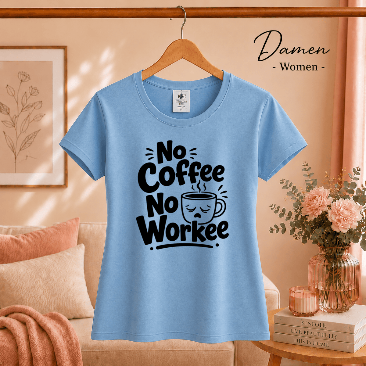T-Shirt 'No Coffee No Workee' mit lustigem Spruch und müder Kaffeetasse - StyleOne