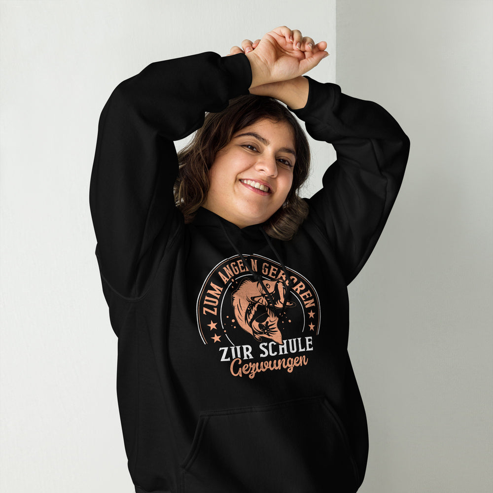 Stylischer Hoodie mit dem Spruch "Zum angeln geboren, zur Schule gezwungen" - Jetzt bestellen!