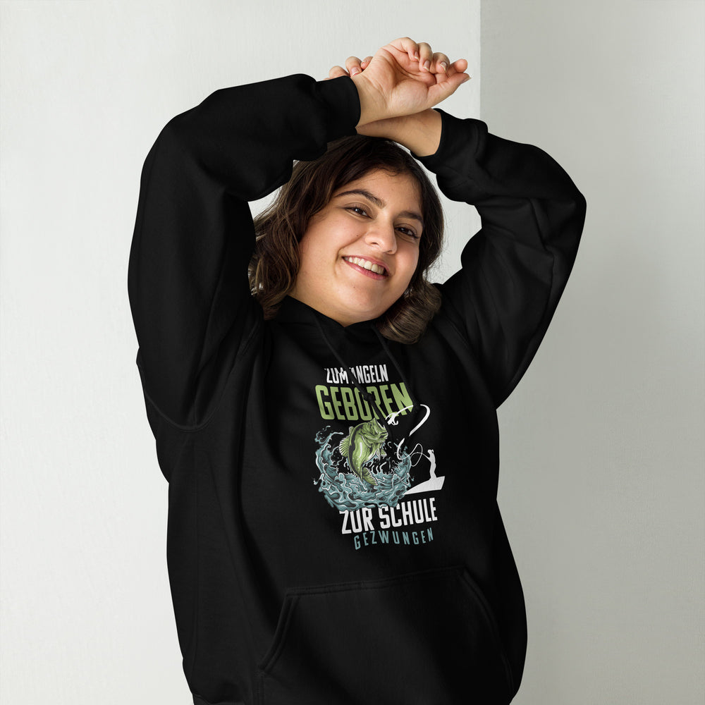 Stylischer Hoodie mit dem Spruch "Angeln geboren, Schule gezwungen!" - Jetzt entdecken!