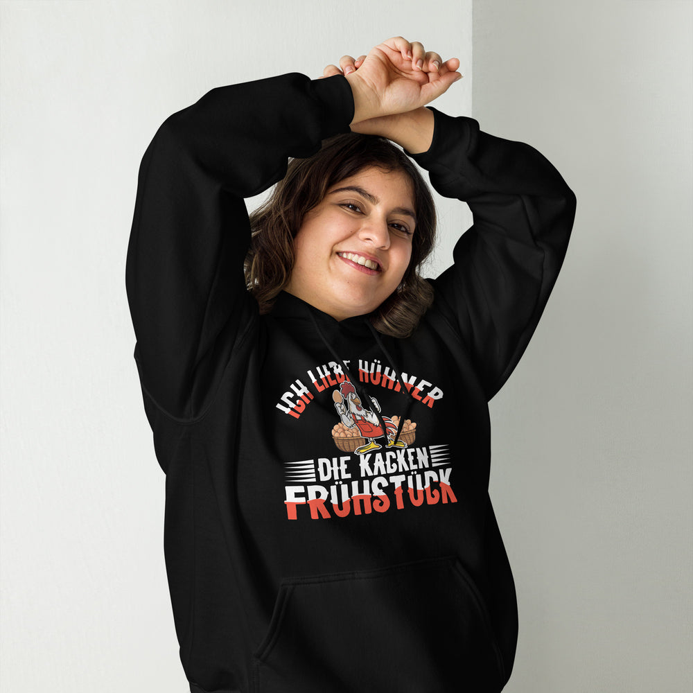 Lustiger Hoodie mit Spruch "Ich liebe Hühner, die kacken Frühstück"