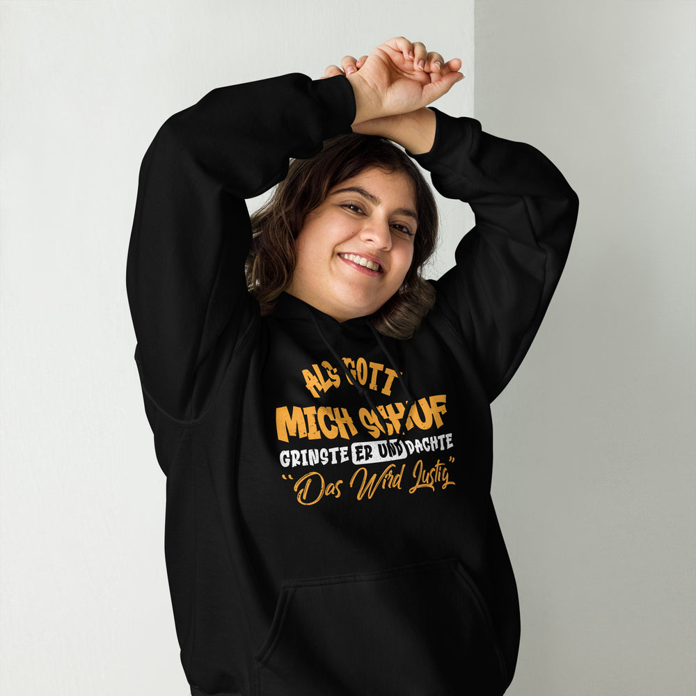 Witziger Hoodie mit Spruch "Als Gott mich schuf grinste er. Das wird lustig"