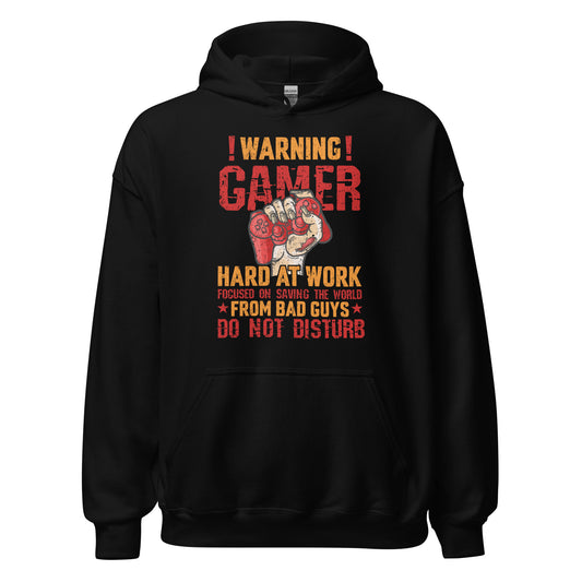 Hochwertiger Gaming-Kapuzenpullover | Spruch: "Warning! Gamer hard at Work!"