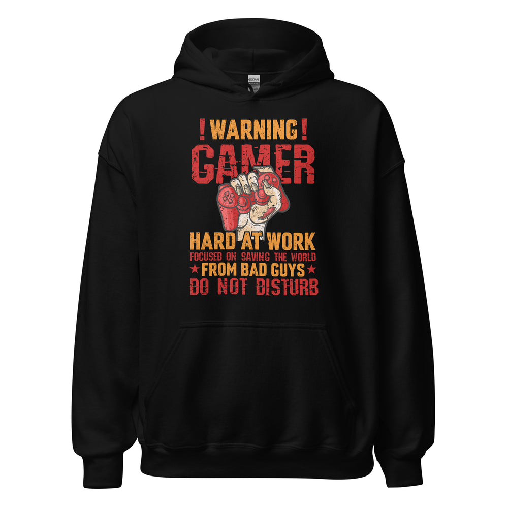Hochwertiger Gaming-Kapuzenpullover | Spruch: "Warning! Gamer hard at Work!"