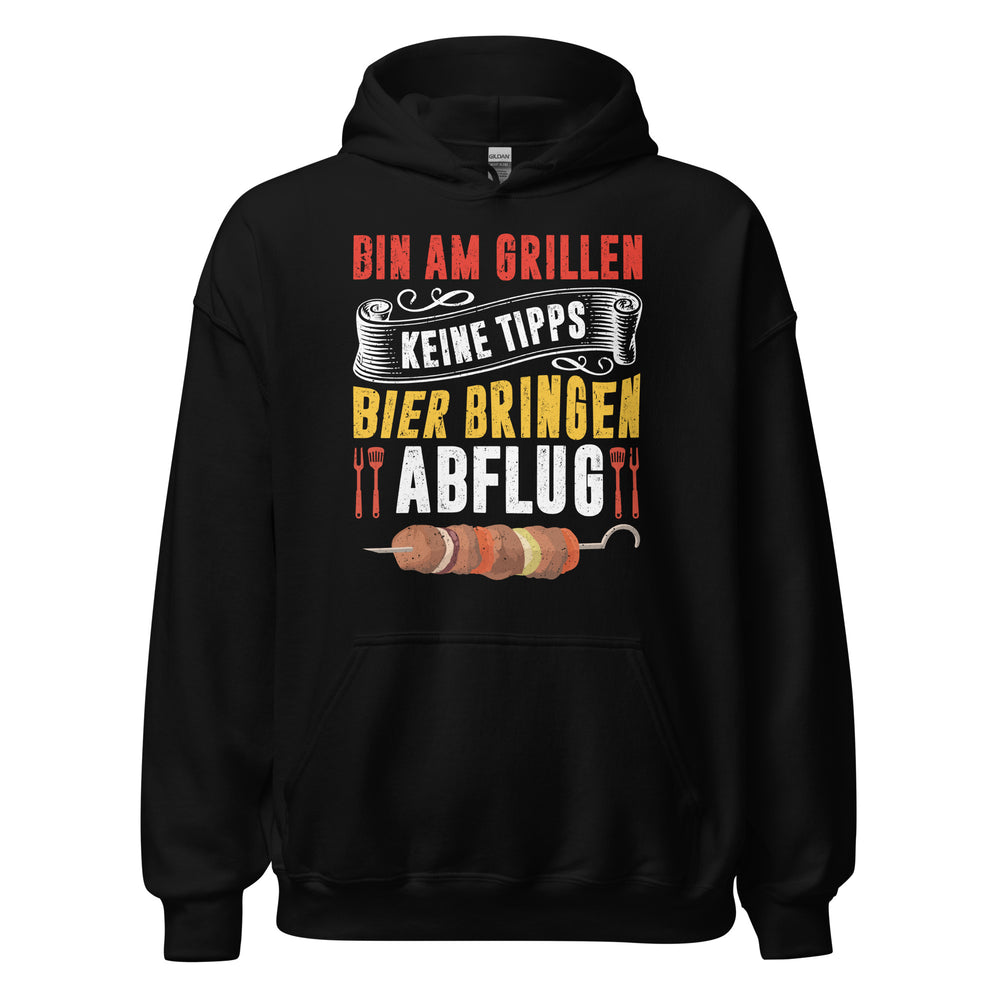 Trendiger Grill-Kapuzenpullover | Spruch: "Bin am Grillen! Keine Tipps! Bier bringen! Abflug!"