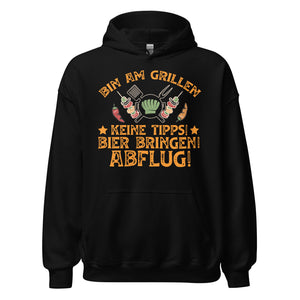 Cooler Grill-Kapuzenpullover | Spruch: "Bin am Grillen! Keine Tipps! Bier bringen, Abflug!"