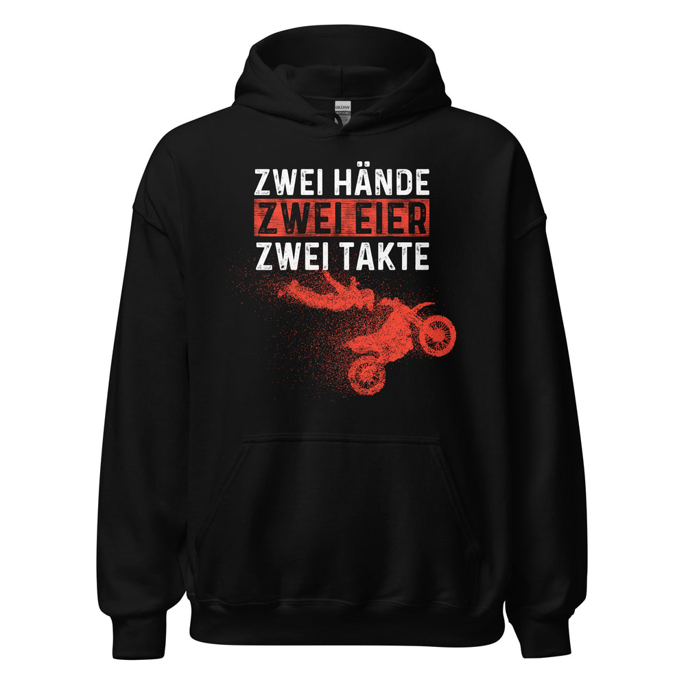 Lustiger Motocross Kapuzenpullover: "Zwei Hände, Zwei Eier, Zwei Takte - Motocross Action!"