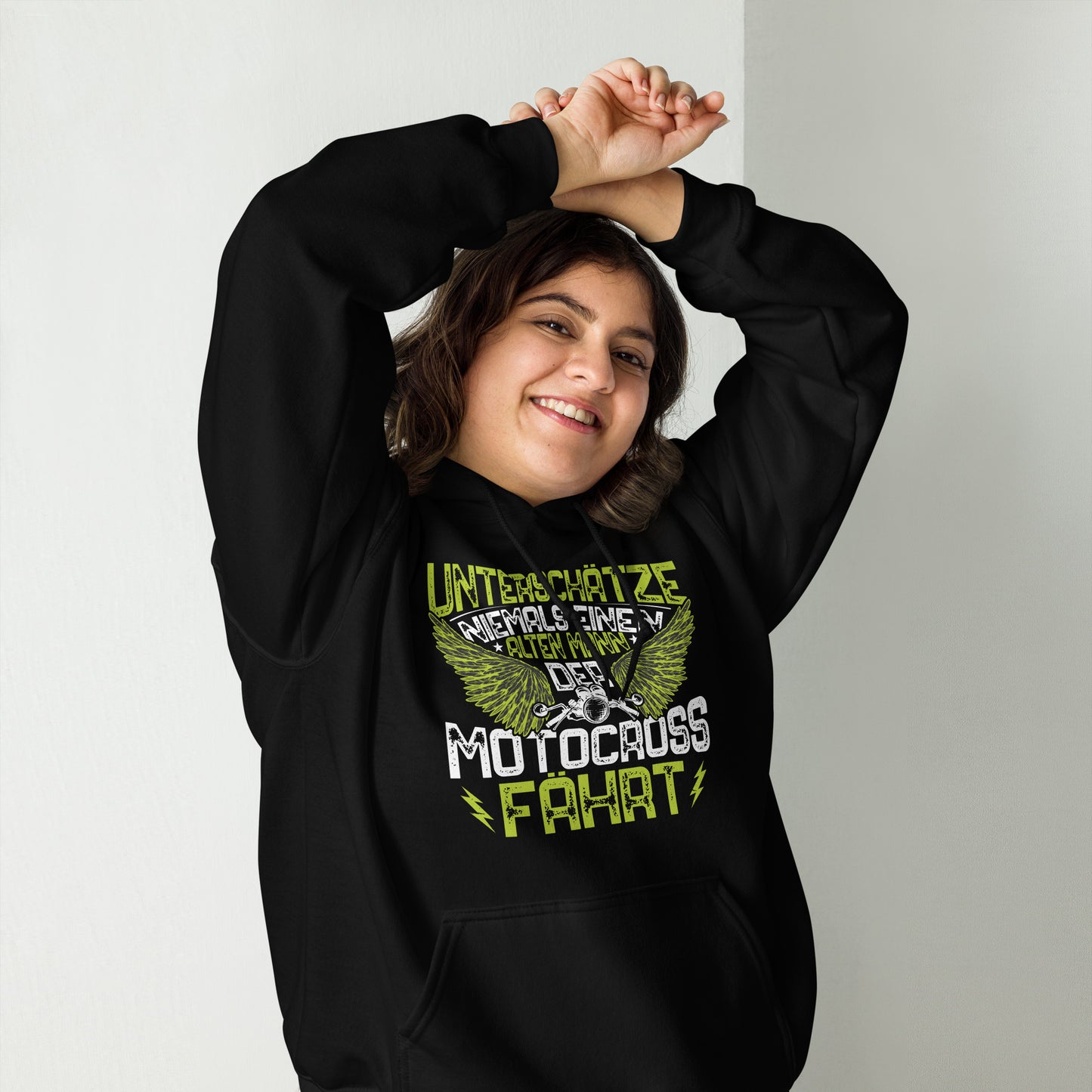 Cooler Motocross-Kapuzenpullover | Spruch: "Unterschätze niemals einen alten Mann!"
