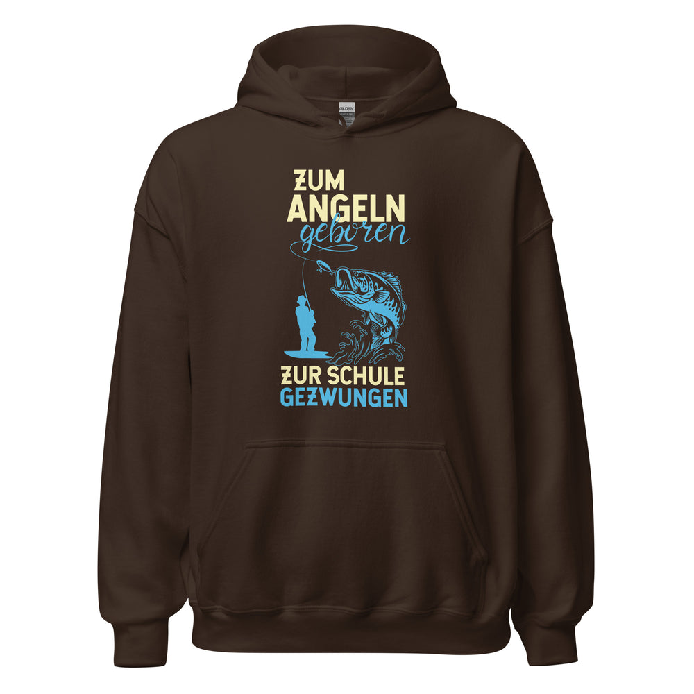 Stylischer Hoodie mit dem Spruch "Zum Angeln geboren, zur Schule gezwungen!" - Jetzt bestellen!