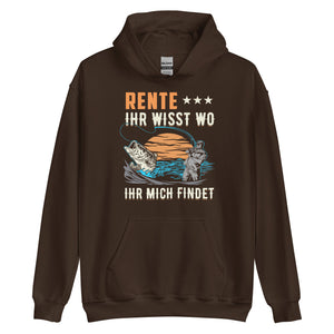 Lustiger Rentner-Hoodie mit dem Spruch "Rente, Ihr wisst wo Ihr mich findet" - Jetzt erhältlich!