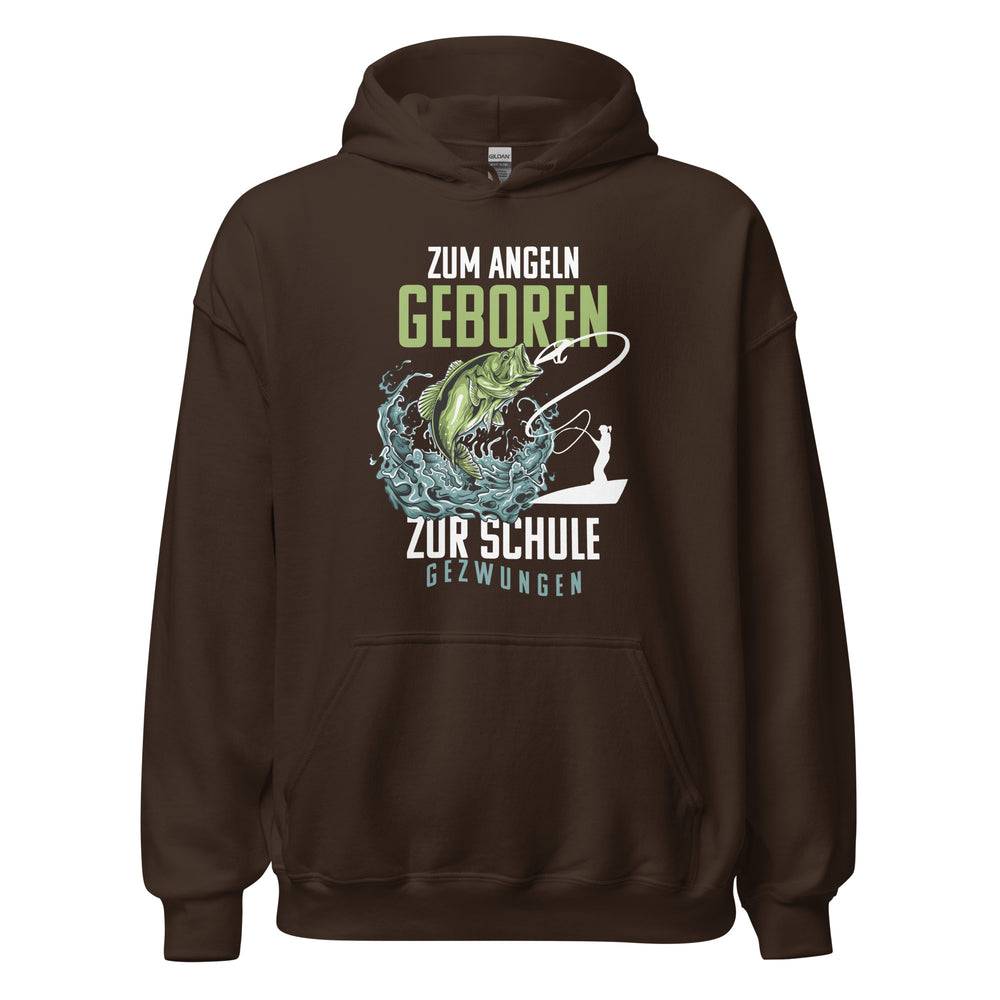 Stylischer Hoodie mit dem Spruch "Angeln geboren, Schule gezwungen!" - Jetzt entdecken!