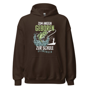 Stylischer Hoodie mit dem Spruch "Angeln geboren, Schule gezwungen!" - Jetzt entdecken!