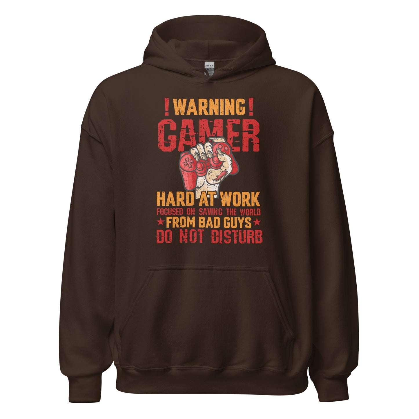 Hochwertiger Gaming-Kapuzenpullover | Spruch: "Warning! Gamer hard at Work!"