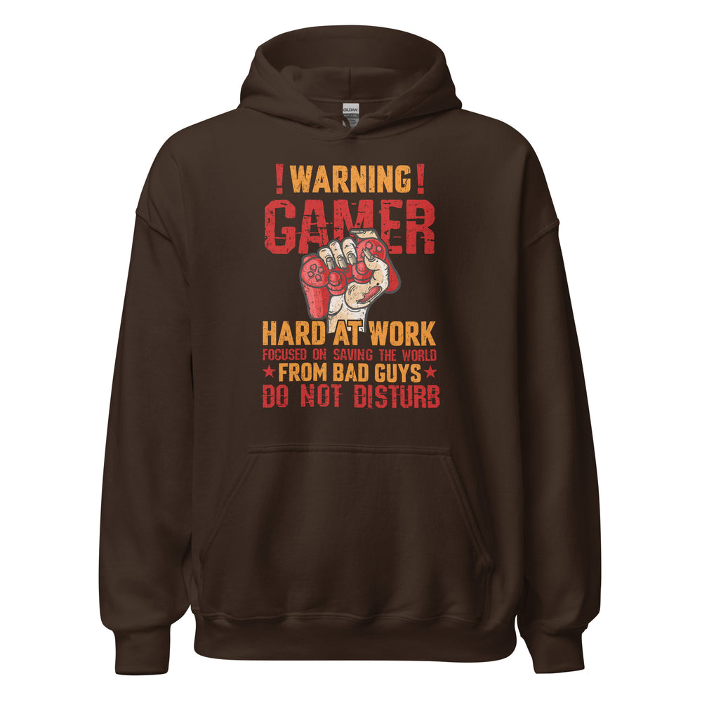 Hochwertiger Gaming-Kapuzenpullover | Spruch: "Warning! Gamer hard at Work!"