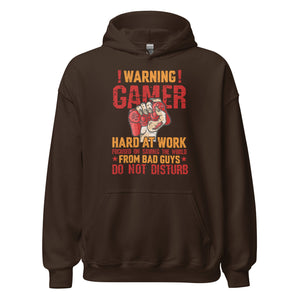 Hochwertiger Gaming-Kapuzenpullover | Spruch: "Warning! Gamer hard at Work!"