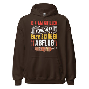 Trendiger Grill-Kapuzenpullover | Spruch: "Bin am Grillen! Keine Tipps! Bier bringen! Abflug!"
