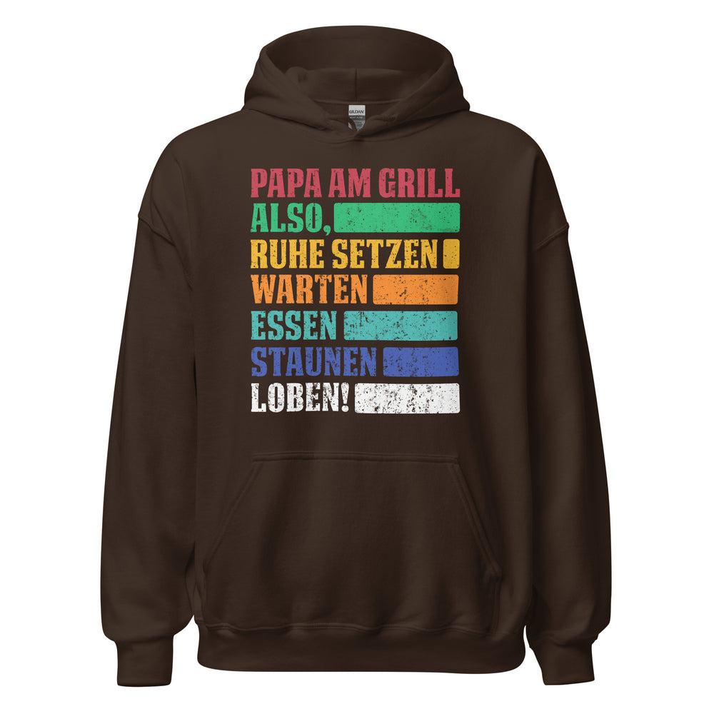 Stolzer Papa Grill-Kapuzenpullover | Spruch: "Papa am Grill! Ruhe, setzen, warten, essen, staunen, LOBEN!"