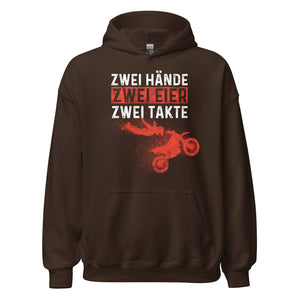 Lustiger Motocross Kapuzenpullover: "Zwei Hände, Zwei Eier, Zwei Takte - Motocross Action!"
