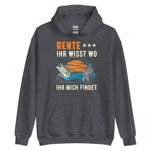 Lustiger Rentner-Hoodie mit dem Spruch "Rente, Ihr wisst wo Ihr mich findet" - Jetzt erhältlich!