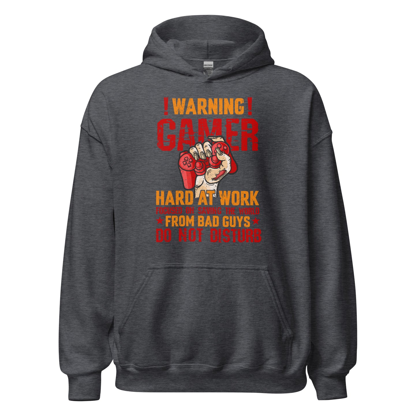 Hochwertiger Gaming-Kapuzenpullover | Spruch: "Warning! Gamer hard at Work!"