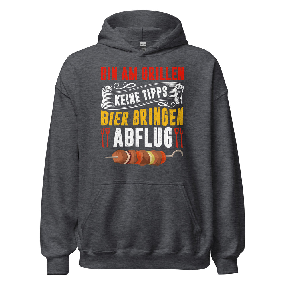 Trendiger Grill-Kapuzenpullover | Spruch: "Bin am Grillen! Keine Tipps! Bier bringen! Abflug!"