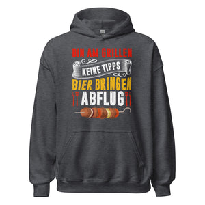 Trendiger Grill-Kapuzenpullover | Spruch: "Bin am Grillen! Keine Tipps! Bier bringen! Abflug!"
