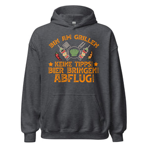 Cooler Grill-Kapuzenpullover | Spruch: "Bin am Grillen! Keine Tipps! Bier bringen, Abflug!"