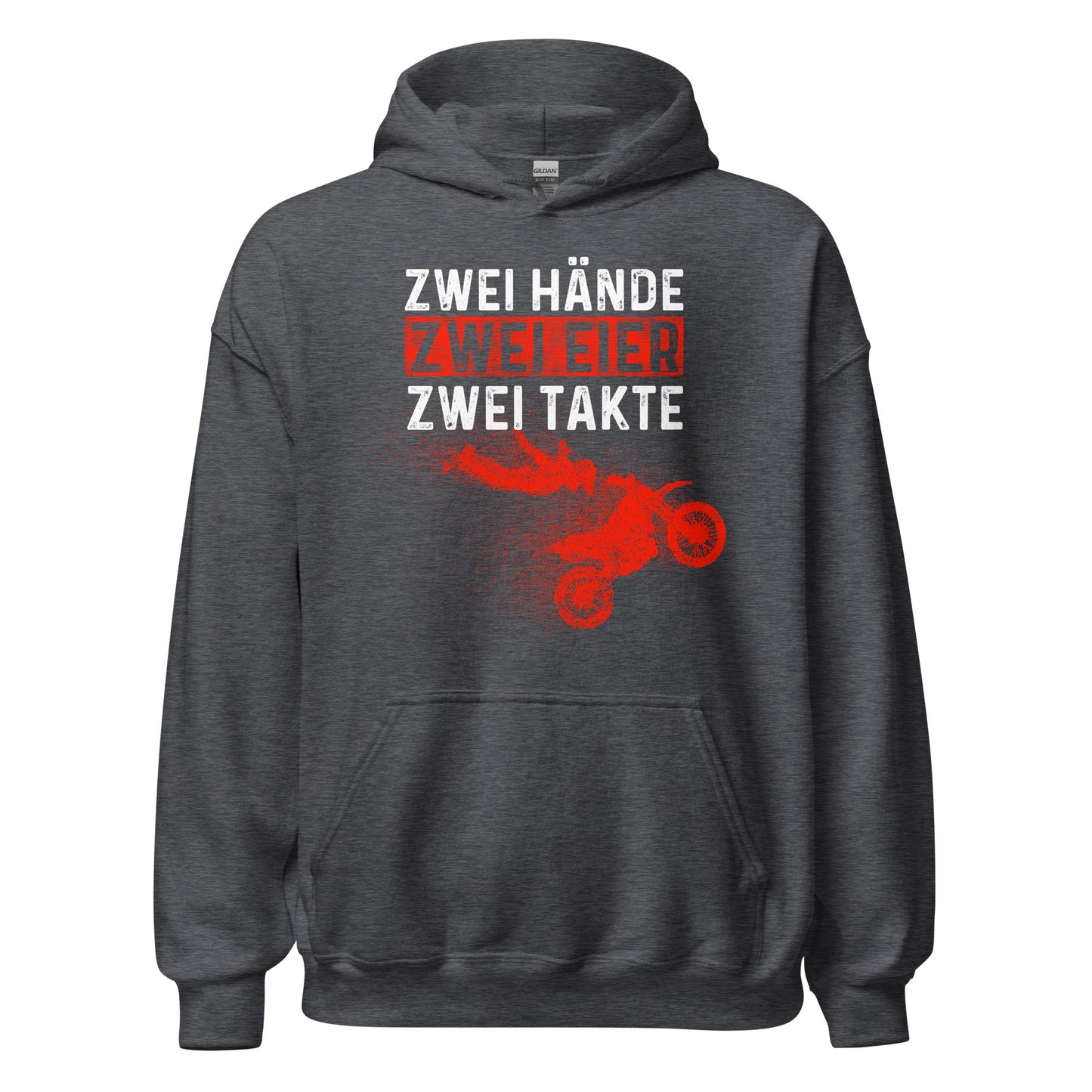 Lustiger Motocross Kapuzenpullover: "Zwei Hände, Zwei Eier, Zwei Takte - Motocross Action!"