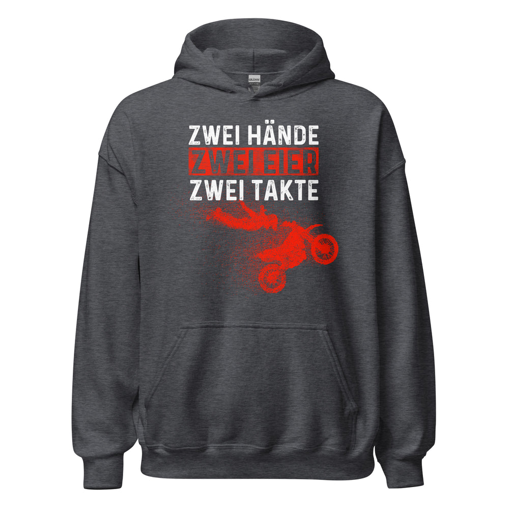 Lustiger Motocross Kapuzenpullover: "Zwei Hände, Zwei Eier, Zwei Takte - Motocross Action!"