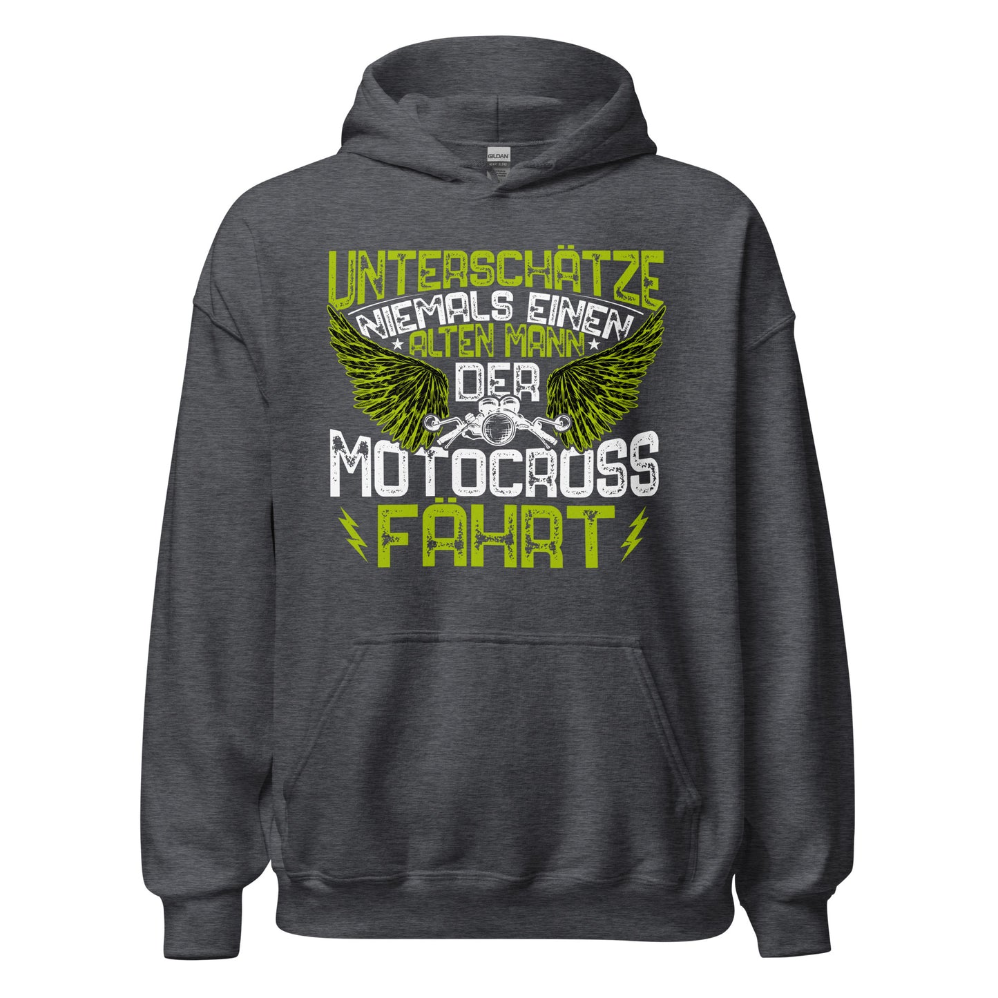 Cooler Motocross-Kapuzenpullover | Spruch: "Unterschätze niemals einen alten Mann!"