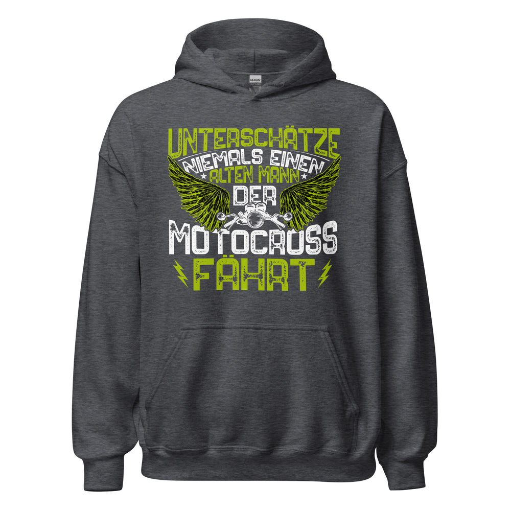 Cooler Motocross-Kapuzenpullover | Spruch: "Unterschätze niemals einen alten Mann!"