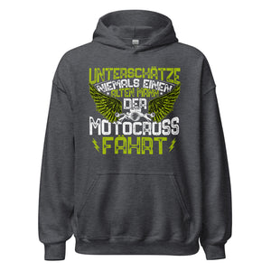 Cooler Motocross-Kapuzenpullover | Spruch: "Unterschätze niemals einen alten Mann!"