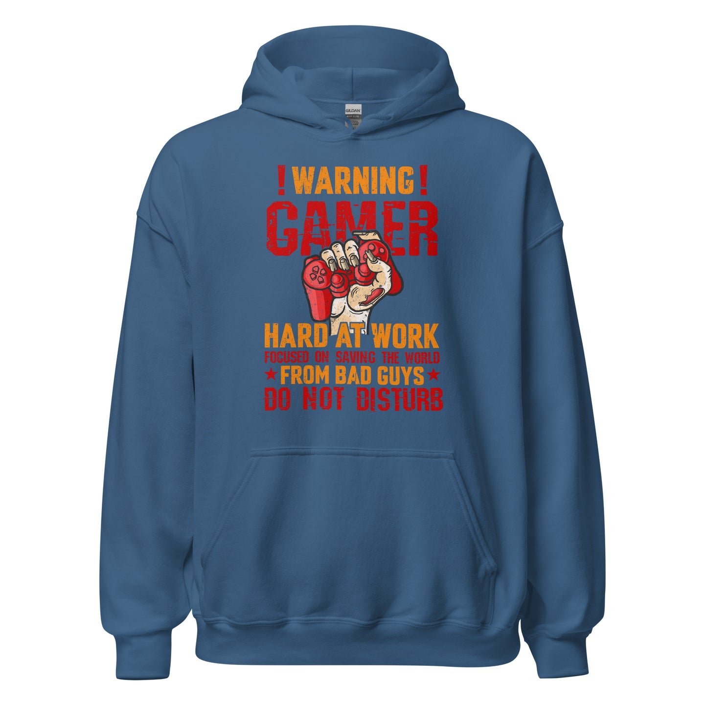 Hochwertiger Gaming-Kapuzenpullover | Spruch: "Warning! Gamer hard at Work!"