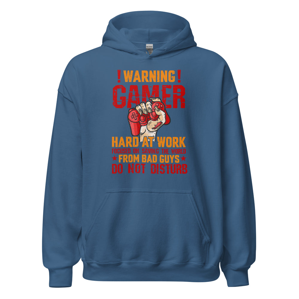 Hochwertiger Gaming-Kapuzenpullover | Spruch: "Warning! Gamer hard at Work!"