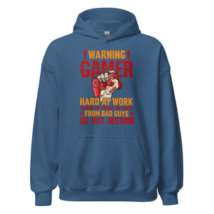 Hochwertiger Gaming-Kapuzenpullover | Spruch: "Warning! Gamer hard at Work!"