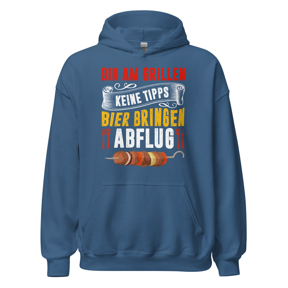Trendiger Grill-Kapuzenpullover | Spruch: "Bin am Grillen! Keine Tipps! Bier bringen! Abflug!"