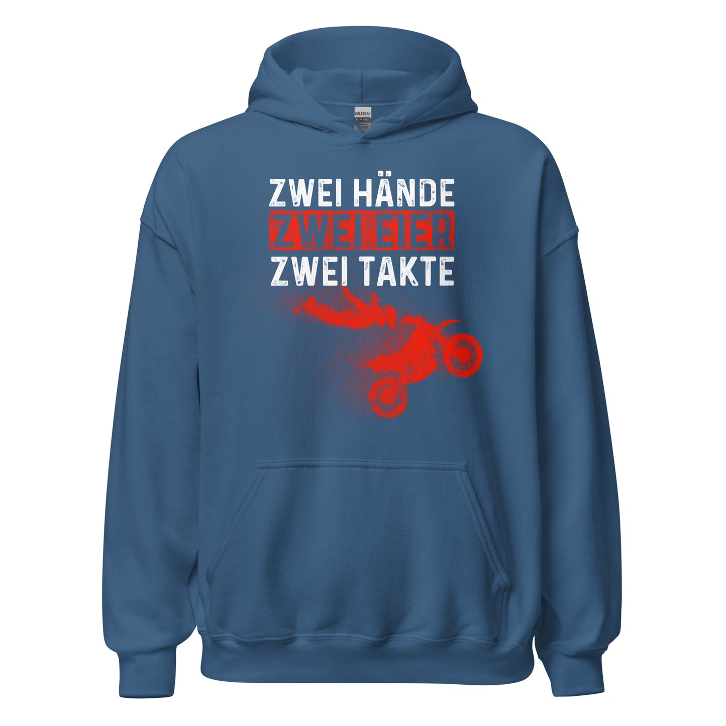 Lustiger Motocross Kapuzenpullover: "Zwei Hände, Zwei Eier, Zwei Takte - Motocross Action!"