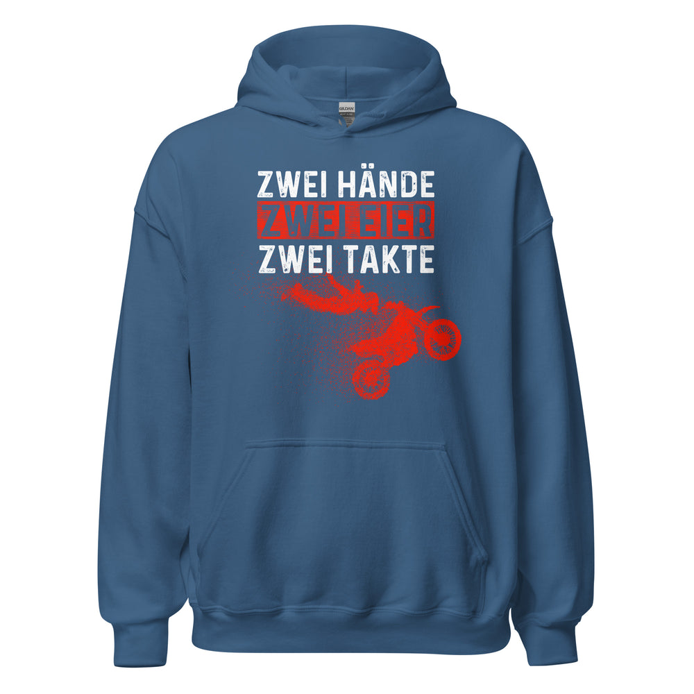 Lustiger Motocross Kapuzenpullover: "Zwei Hände, Zwei Eier, Zwei Takte - Motocross Action!"