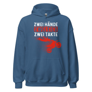 Lustiger Motocross Kapuzenpullover: "Zwei Hände, Zwei Eier, Zwei Takte - Motocross Action!"